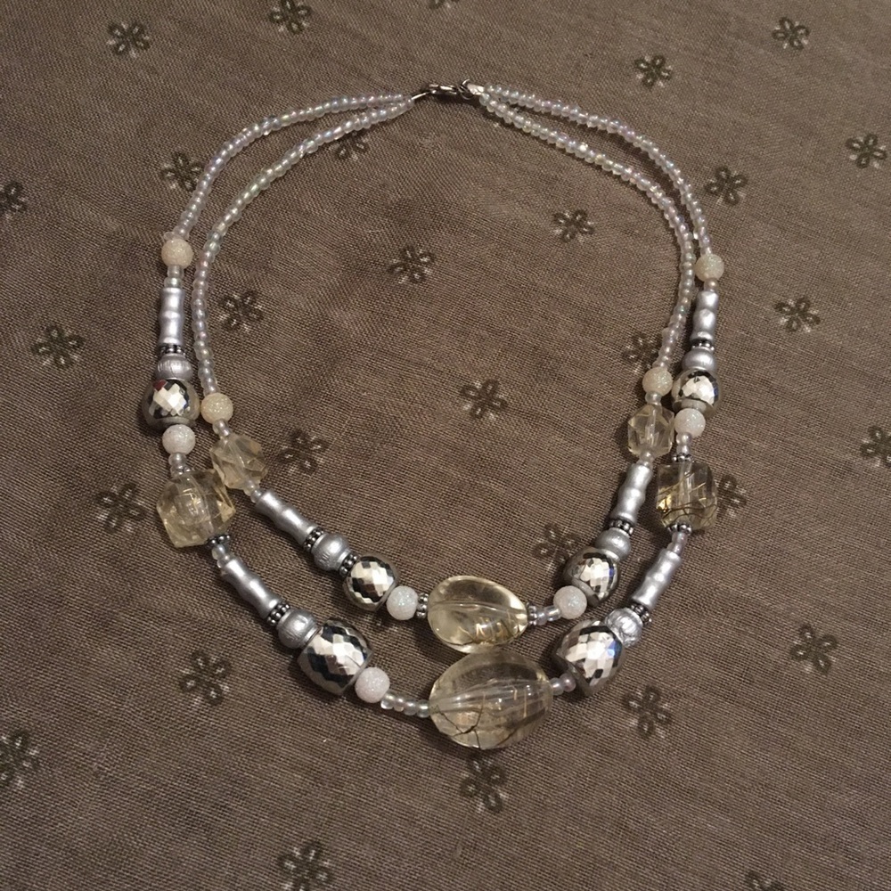 Vintage White Silver and Clear Beaded Layered Necklace